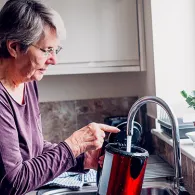 Someone filling a kettle at the kitchen tap