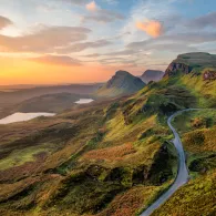 Vibrant sunrise at Quiraing on the Isle of Skye, Scotland